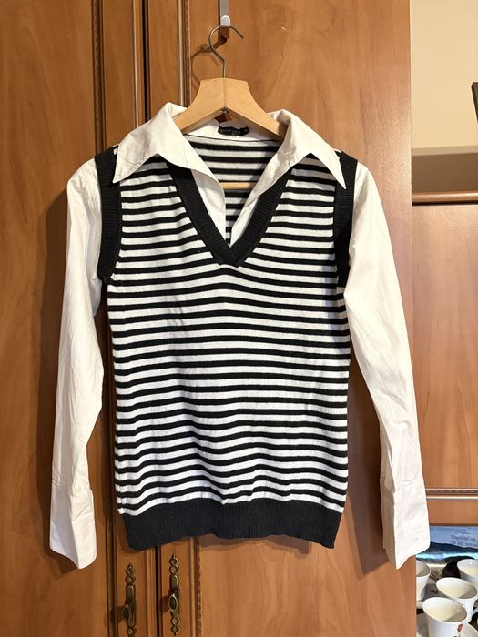 Sweter z kołnierzykiem i koszulą 2w1 Jennifer Taylor M / paski czarno-białe