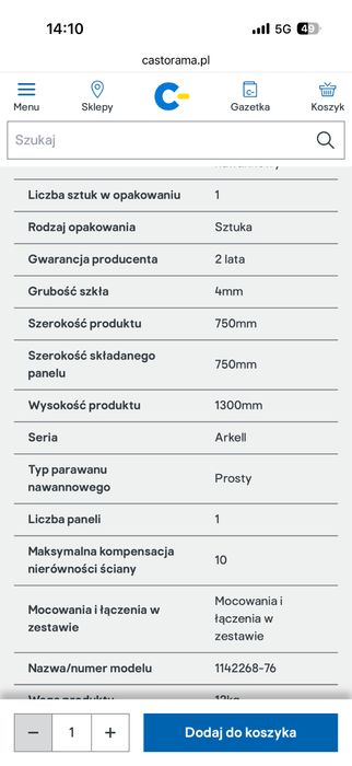 Szklany parawan nawannowy 130 × 75 cm