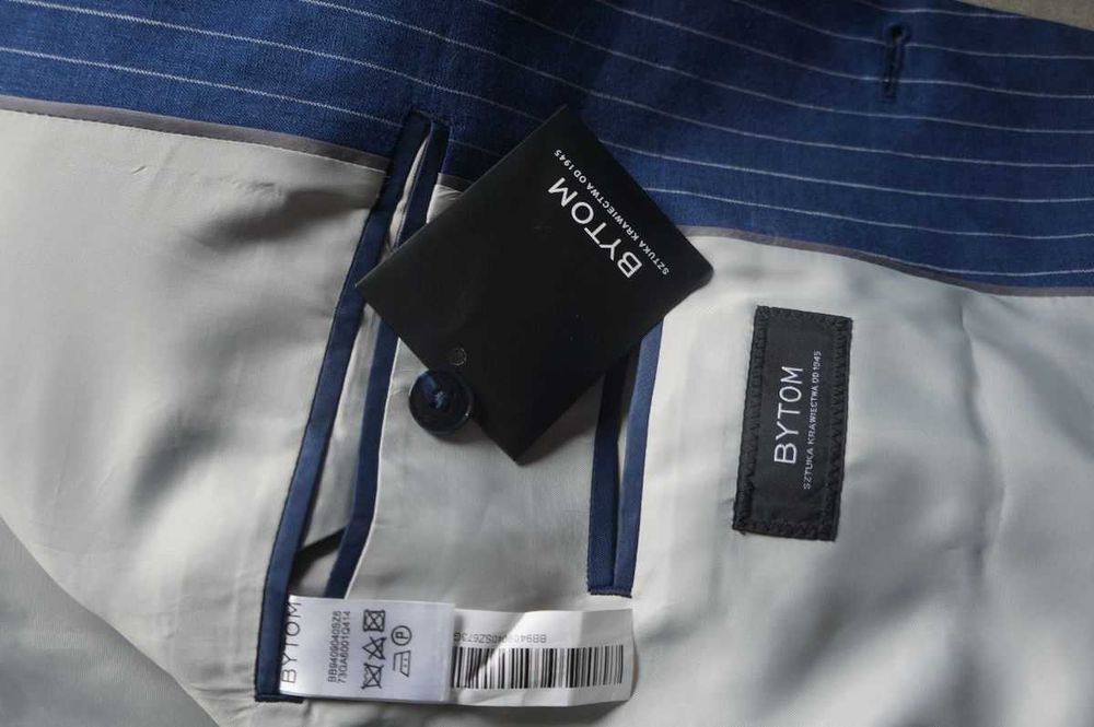 Bytom Garnitur Męski 182/100/96 Granatowy Prążki 100% Len Letni Elegancki Premium
