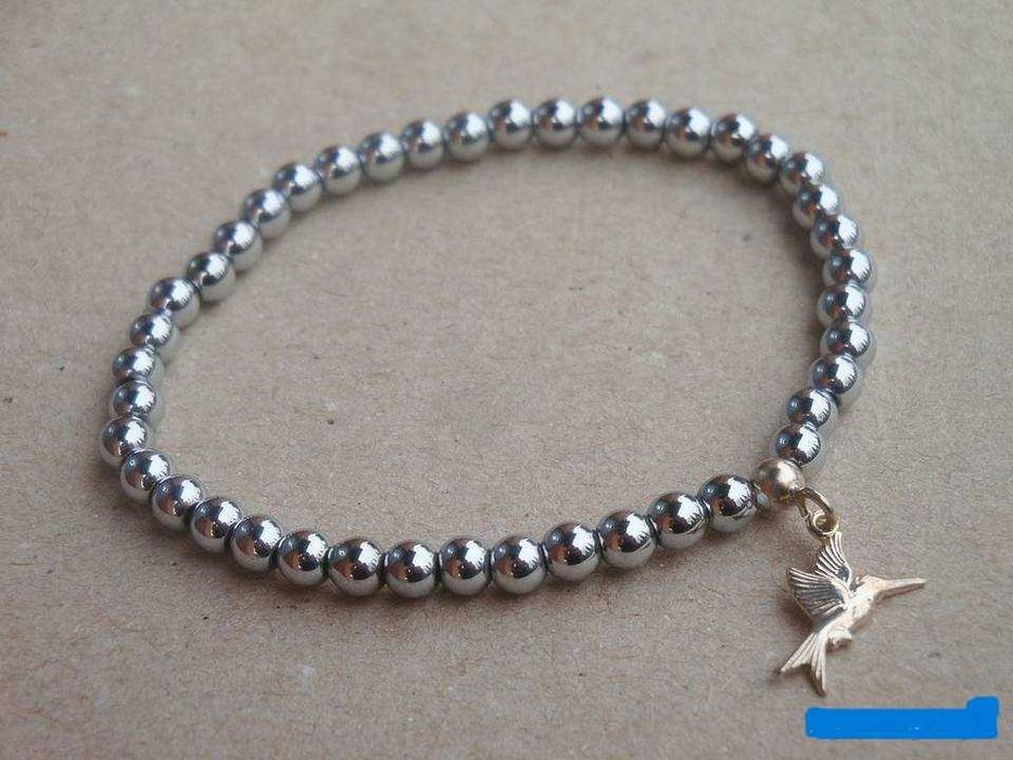 Bransoletka damska z Hematytu srebrnego z koliberkiem