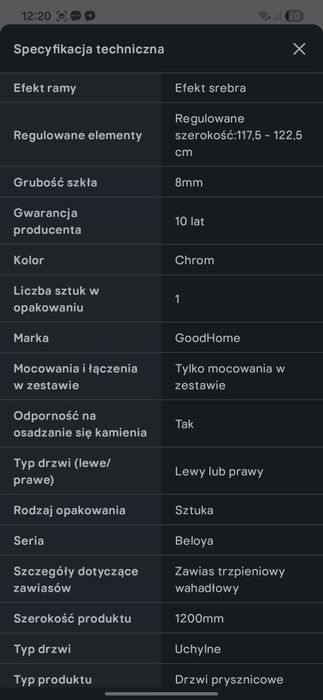 Drzwi wahadłowe prysznicowe Beloya 120cm