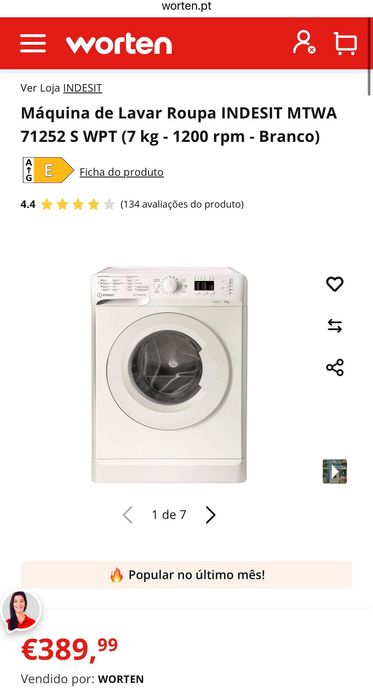 Máquina de lavar roupa Indesit MTWA 71252 W SPT – 7 kg / 1200 rpm
