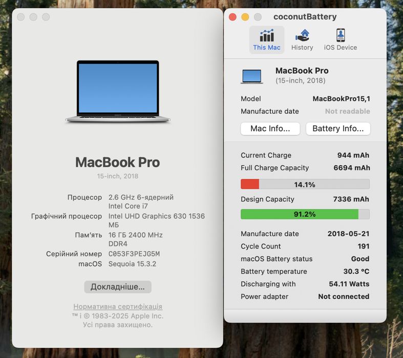 Macbook pro 15 2018 / 2019 i7 / 16gb / 512gb/ Radeon Pro 4 ГБ 91% АКБ