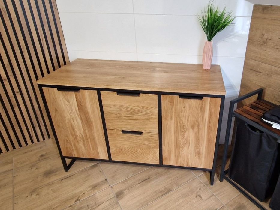 Komoda dębowa loft, lite drewno dąb, konsola z szufladami/drzwiczkami