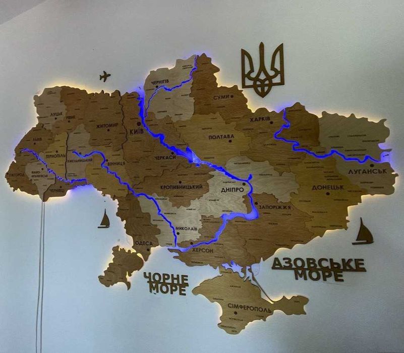 Мапа України з дерева з підсвіткою річок карта Украины с подсветкой