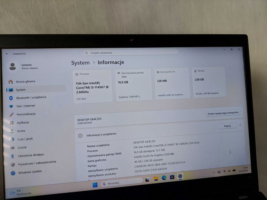 Lenovo ThinkPad T14 G2 I5-1145G7 16/256GB SSD FHD WIN 11 DOTYK