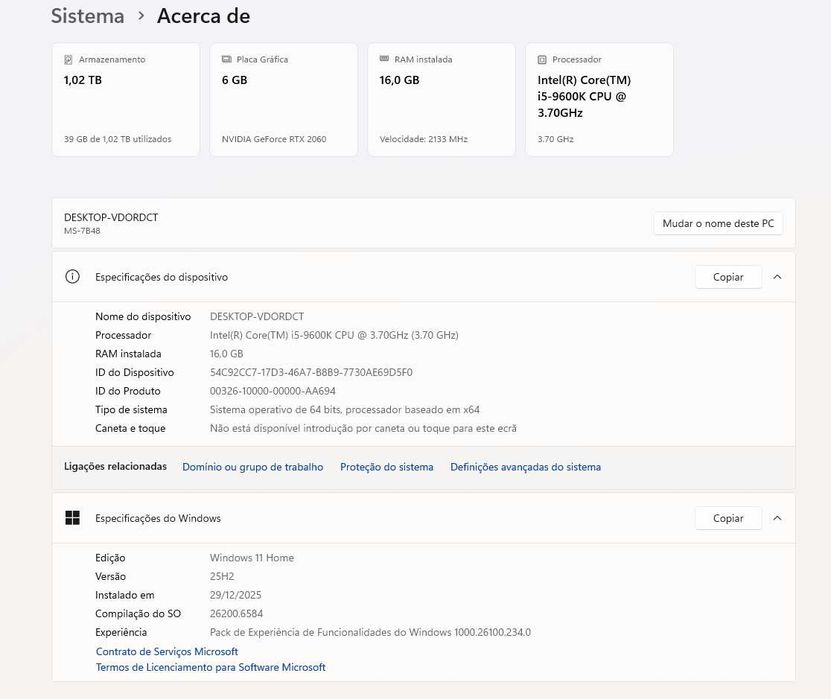 PC - 2060 RTX / i5-9600K / 16GB RAM DDR4/ SSD 120 GB / HDD 1TB /Win11