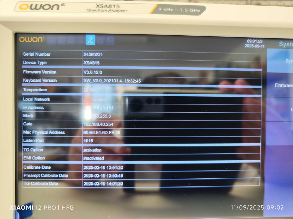Analisador de Espectros OWON XSA815-TG