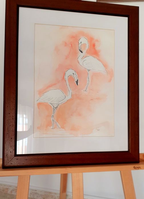 Quadro pintura aguarela original flamingos