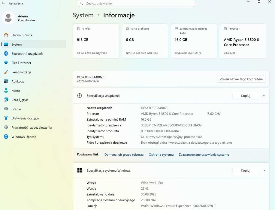Komputer Gamingowy Ryzen 5 3500/ GTX 1660 OC 6GB / 16 GB RAM / WIN 11