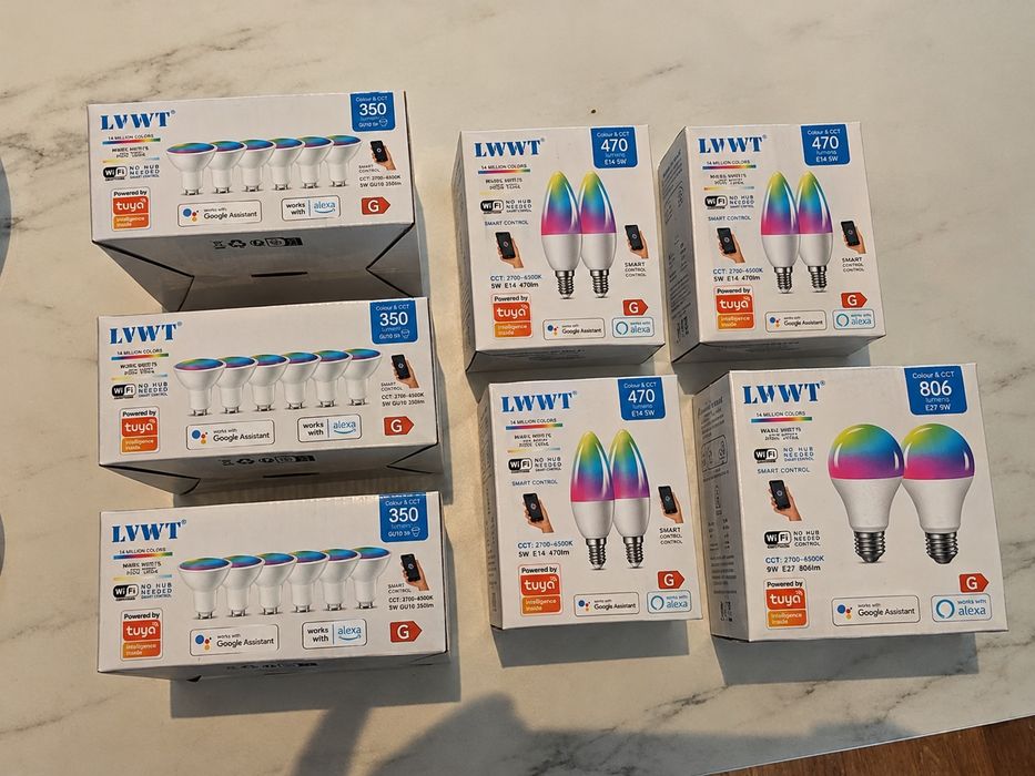 Conjunto de 7 embalagens de lâmpadas LED inteligentes LWWT, novas, com tecnologia Wi-Fi e 14 milhões de cores.