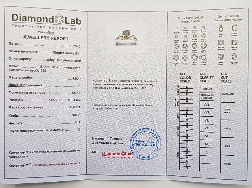 Синий голубой бриллиант для кольца 0,56 карат, ø5,16 мм с Сертификатом