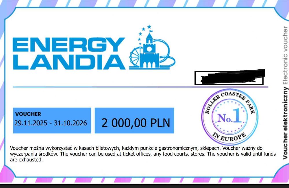 Voucher kwotowy 2000 do Energylandii ważny do 31.10.2026