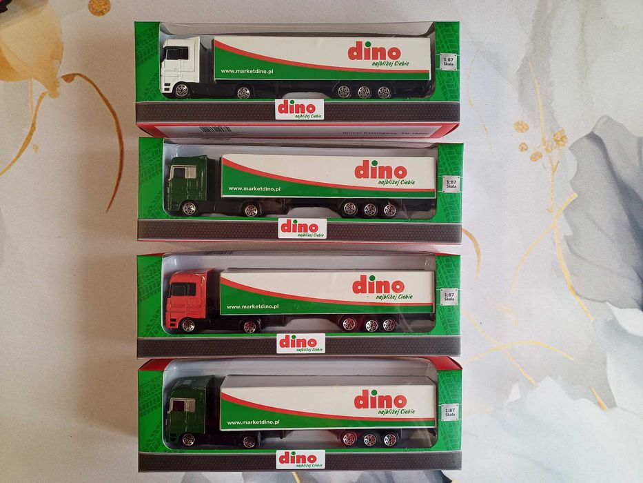 TIRy H0 4 szt. Auta ciężarowe z naczepą skala 1:87 na wagony platformy