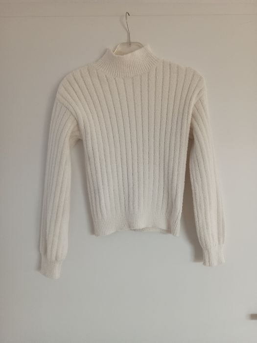 Ciepły gruby biały kremowy golf damski prążkowany Basic  rozmiar S 36