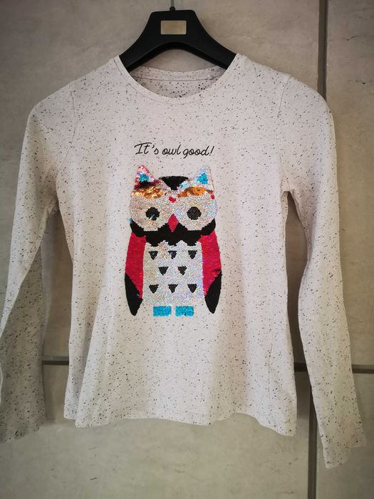 C&A szara bluzka z długim rękawem cekiny sowa r.158/164 cm 13-14 lat