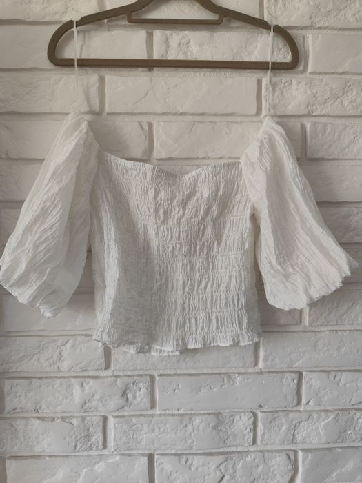Bluzka top hiszpanka biała H&M r.36 S bufiaste rękawy