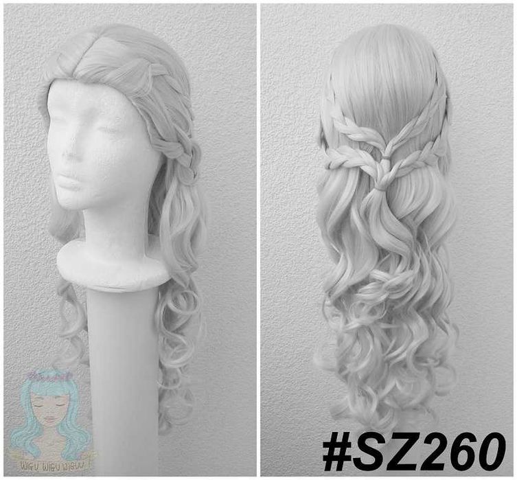 Szara siwa długa lokowana peruka z przedziałkiem cosplay wig szary
