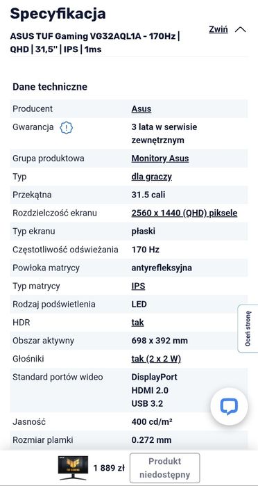 Monitor ASUS TUF Gaming VG32AQL1A - 170Hz | QHD | 31,5 cali | IPS | 1m
