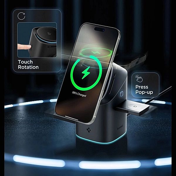 Spigen Essential Ef223Ms 3In1 Qi2 Rotary Magnetic Magsafe Wireless Cha