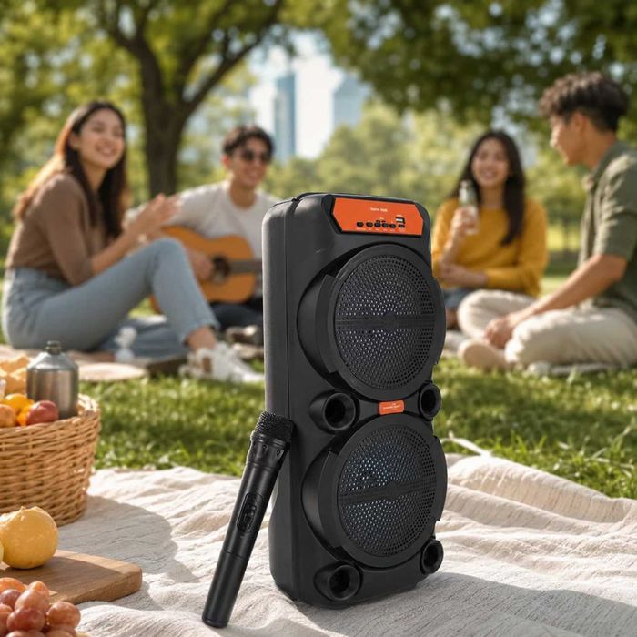 Портативна Bluetooth колонка для караоке 50Вт з бездротовим мікрофоном 2 динаміки 8" USB AUX FM RGB акустична система для дому та відпочинку