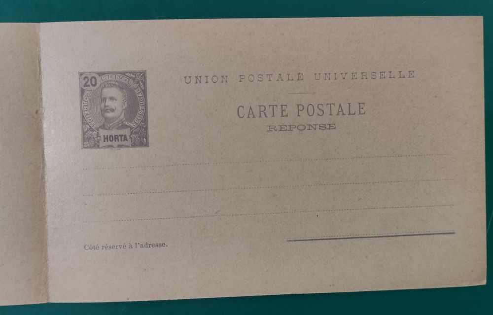 Açores Horta 1897 rei D. Carlos - selos pré-impressos 20 + 20 reis