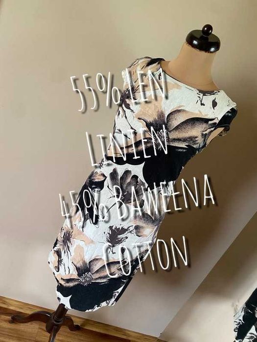 M l 38 40 sukienka kwiaty midi floral basic kwiaty len organic