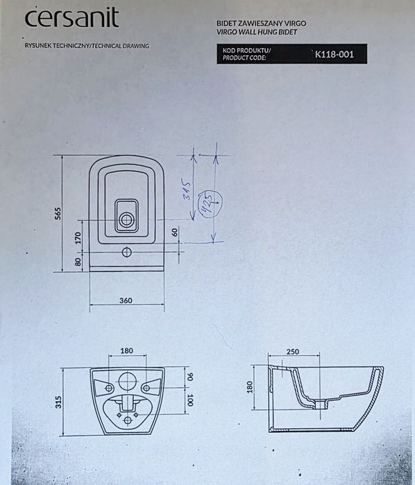 Bidet nowy wiszący  GW  10 lat, sprzedam Cersanit Virgo głęboki