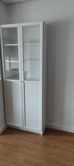 Estante c/painel/portas de vidro, branco, 80x30x202 cm