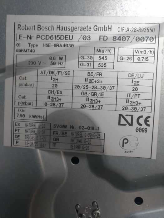 Placa fogão encastrar BOSH gás natural
