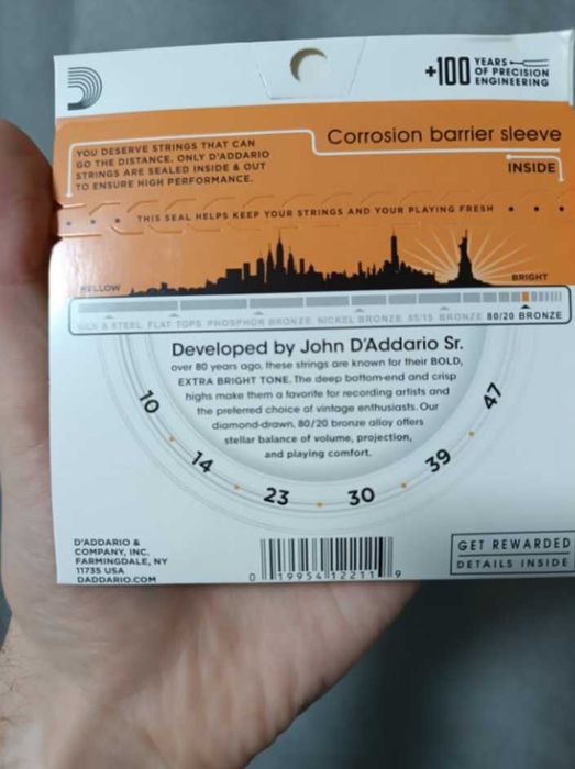 Струни для акустичної гітари daddario 10-47 ej10 США оригінал