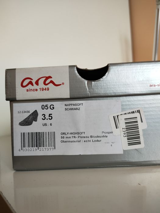 Czółenka Ara półbuty czarne skórzane 36 (model 12- 13436 -05)