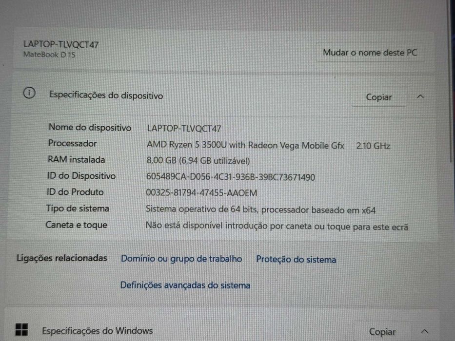 Huawei MateBook D15 AMD Ryzen 5 8GB RAM