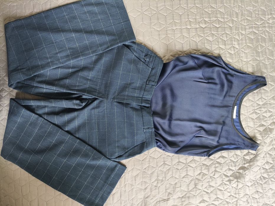 Spodnie garniturowe wide leg prosta nogawka wizytowe eleganckie bluzka