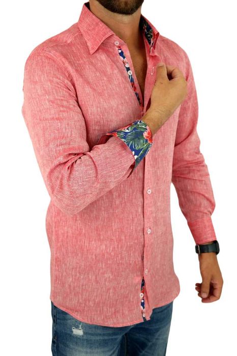 GIOVANNI PERA Koszula Męska GPL3 Czerwona LEN, Wykończenie Kolorowe