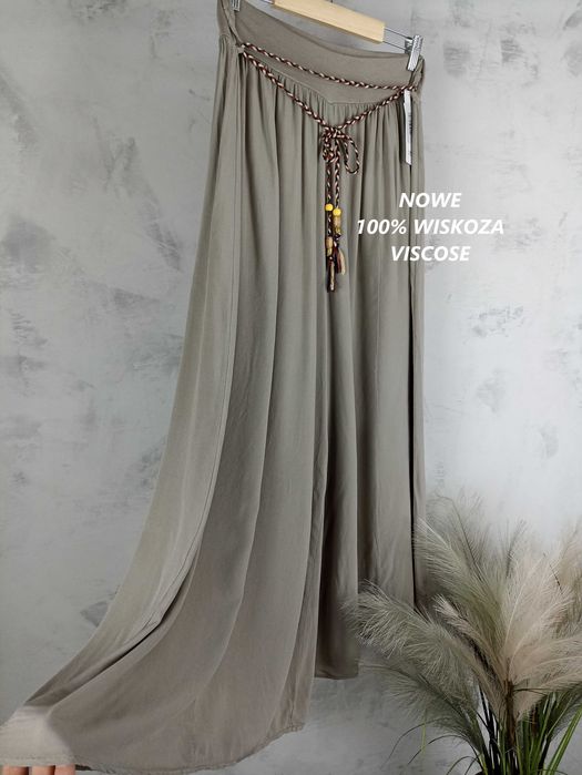 Nowe fango beżowe spodnie alladynki haremki szerokie nogawki wide leg 100% wiskoza viscose boho
