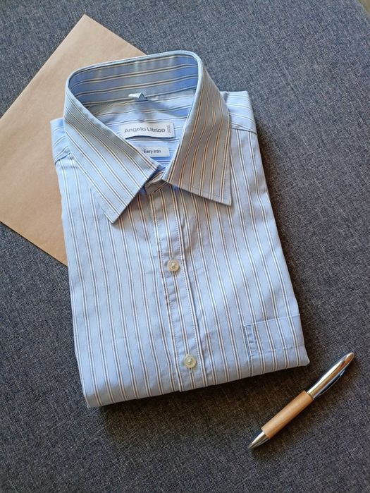 Niebieska męska koszula w paski z krótkim rękawem