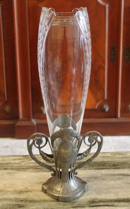 Jarra Art Nouveau em vidro com suporte em estanho, Portugal 1910/1920