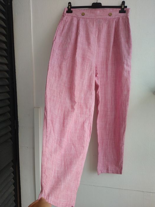 Calças de Cintura Alta Algodão às Riscas Vermelho e Branco - Emery Rose - Tamanho L