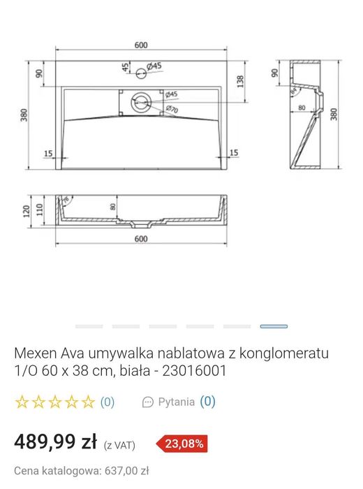 Umywalka nablatowa Mexen bez otworu na baterię.