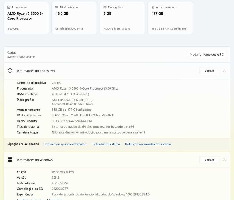 PC Gaming / Trabalho – AMD Ryzen 5 3600 | RX 6600 8GB | 48GB RAM | Windows 11 Pro