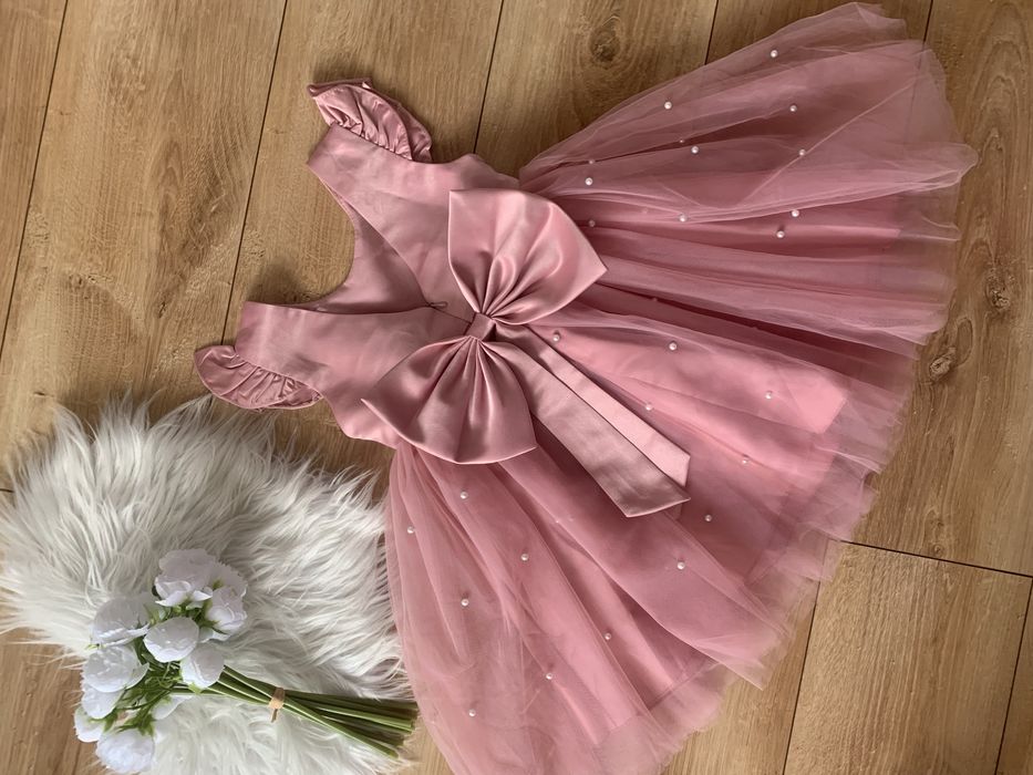 Rożowa sukienka z perełkami kokardą wesele urodziny princess 116