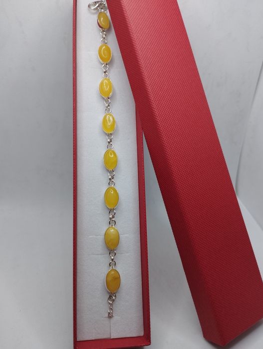 Srebrna bransoletka z mlecznym bursztynem, próba 925, długość 18-21 cm