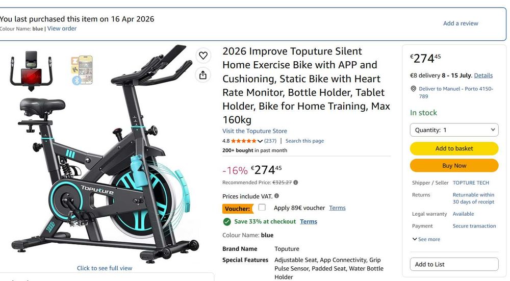 Bicicleta estática nova por 189 eur (custa 274), com voltante de 15 kg - rating 4.8 na Amazon