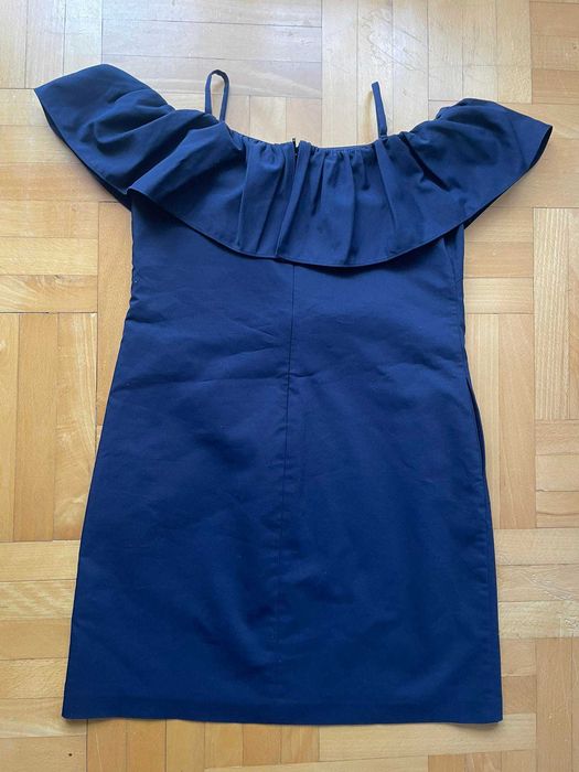 Granatowa sukienka Ralph Lauren offshoulder falbanka rozm 42 elegancka