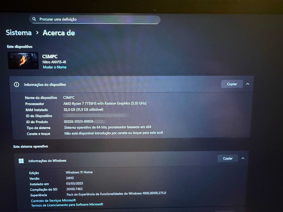 Acer ANV15-41/Ryz 7 7735HS/32GB Ram/1TB SSD/4060/15" /W11/A