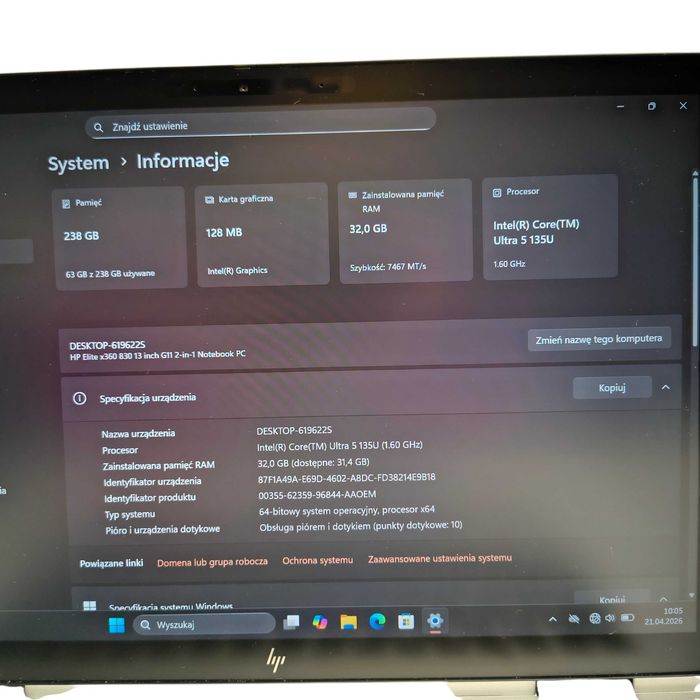 Laptop HP EliteBook x360 830 G11 13,3" Intel Ultra 5-135U 32/256GB DOTYKOWY