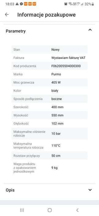 Nowy Grzejnik kaloryfer Purmo Hygiene 550x400 podlaczenie boczne