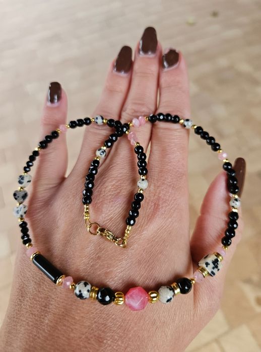 Naszyjnik Choker z Kamieni Naturalnych Onyks Jaspis Dalmatyński Agat