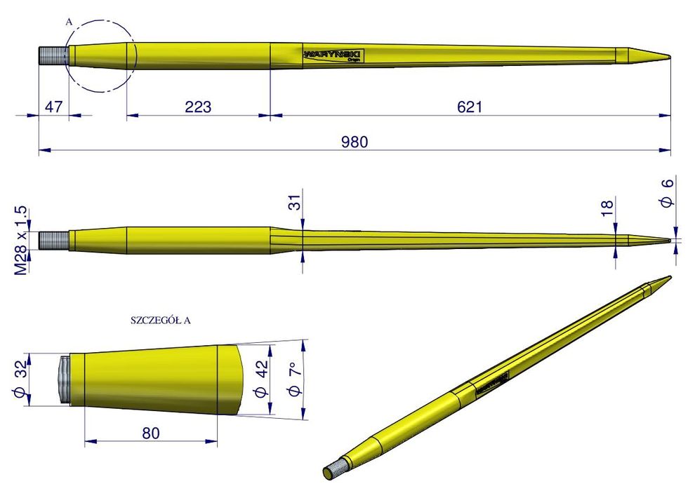 Ząb ładowacza CIĘŻKI uniwersalny prosty L- 980 mm Tur  WARYŃSKI